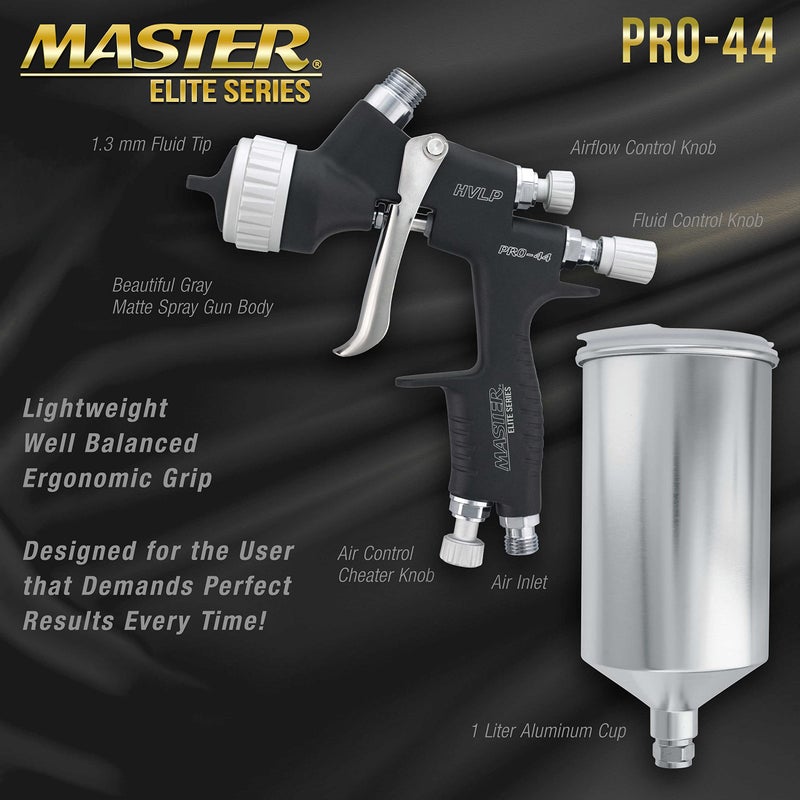 Master Airbrush Master Elite PRO-44 HVLP Spray Gun with 1.3mm Tip, Air Pressure Regulator Gauge and 1L Cup - Automotive Spray Paint Gun for Painting Basecoats & Clearcoats - Advanced Atomization Technology - Image 3